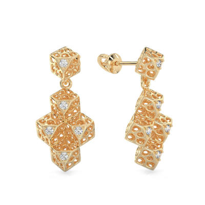 Elegant Cube Yellow Gold Earrings