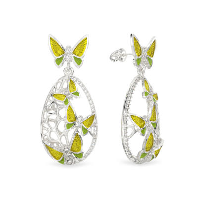 Long Silver Earrings With Butterflies