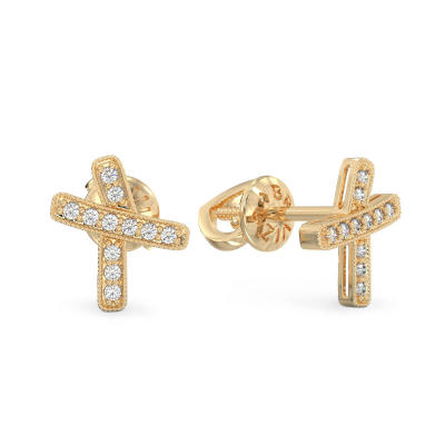Pendientes de Pequeña Cruz Curvo de oro amarillo