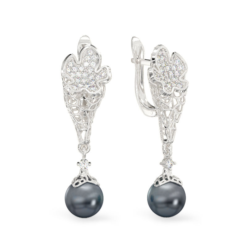 Coral Flower Earrings With Pearl From White Gold
