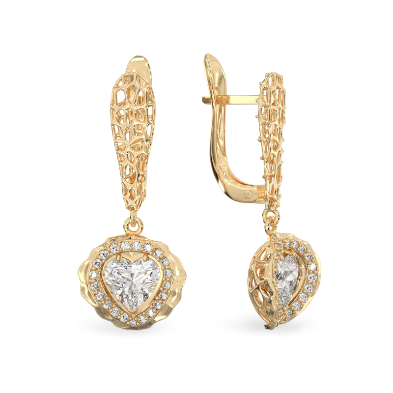 Coral Heart Yellow Gold Earrings