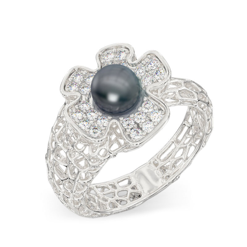 Coral White Gold Ring with Flower